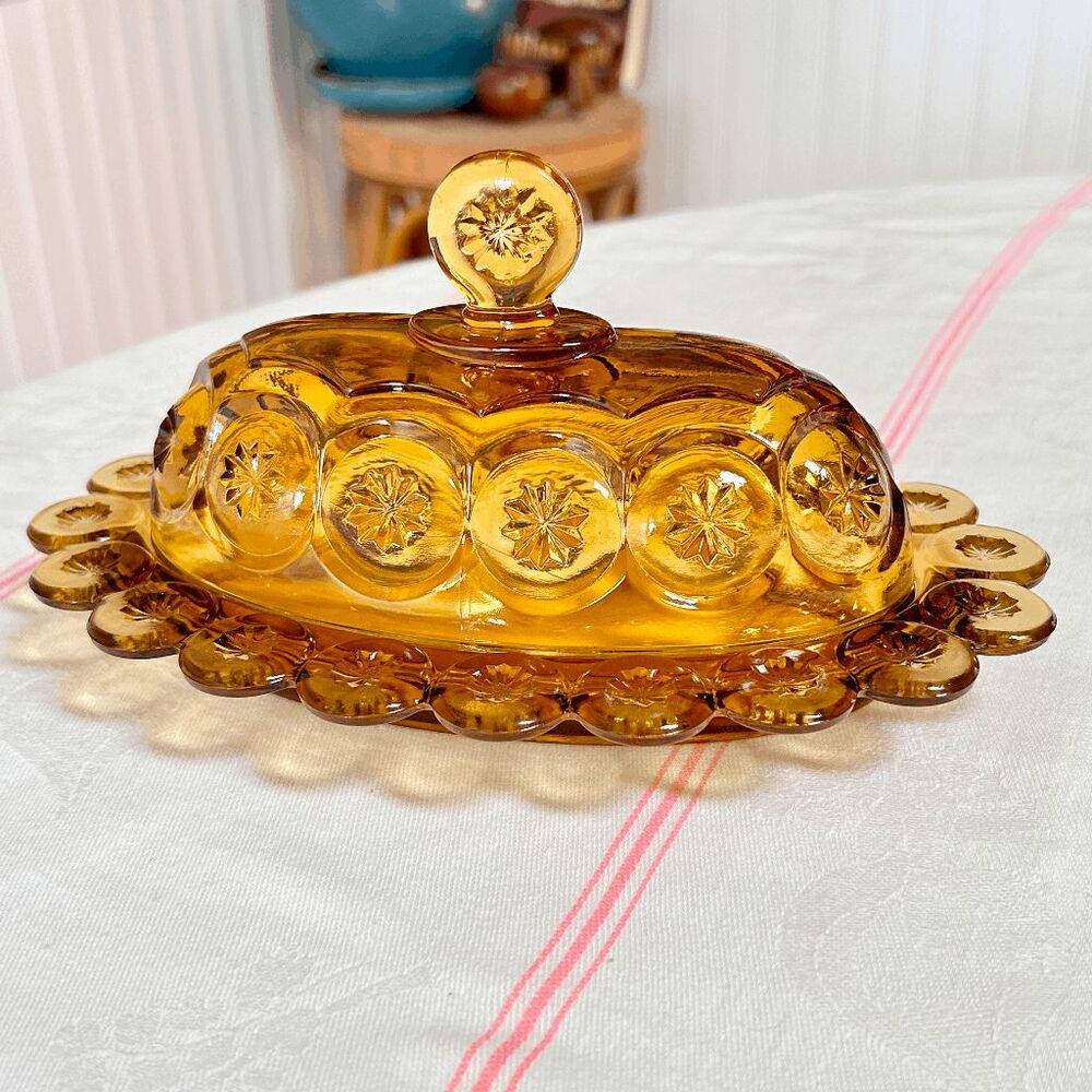 Vintage L.E. Smith Glass Moon and Stars Amber Glass Covered Butter Dishes w/Lid